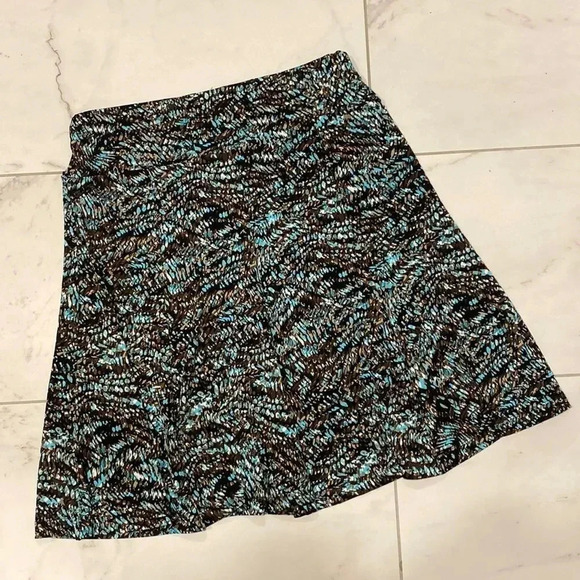 Dress Barn Mini Brown Aqua Geometric Leaf Pull On A-line Skater Skirt Stretch S - Picture 1 of 5